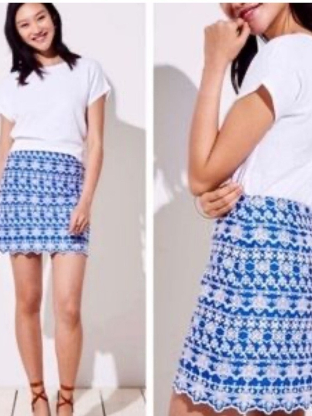LOFT Blue and White Embroidered Mini Skirt Size 0